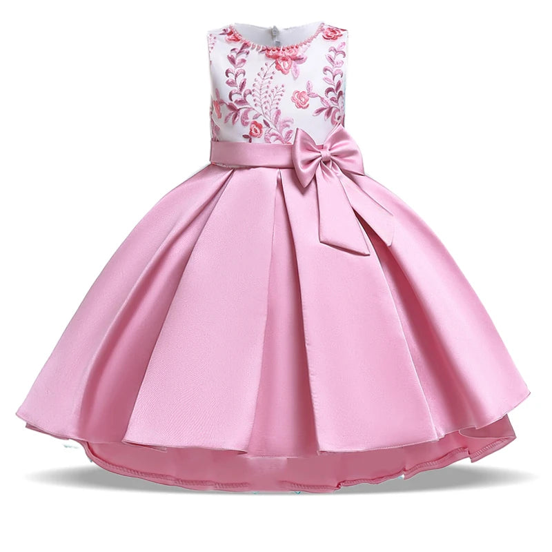 Maxy Princess Summer Bow Embroidery Kids Party Dress for Girl Child Costumes Elegant Tailing Flower Wedding Princess Dresses Vestidos 3-10 Yrs