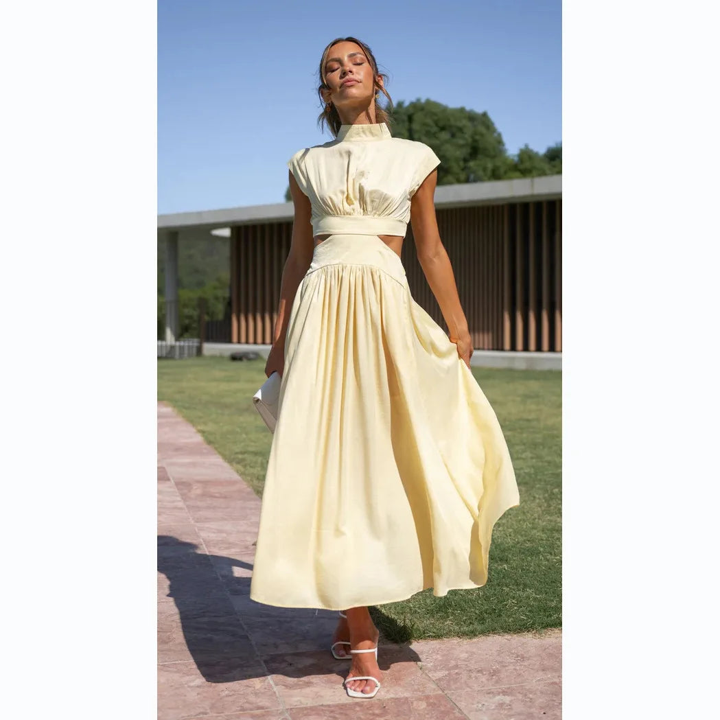Maxy Summer Solid Color Sleeveless Dresses Women Temperament Elegant Stand Collar Hollow Out A-line Long Dress Ladies Trendy Vestidos