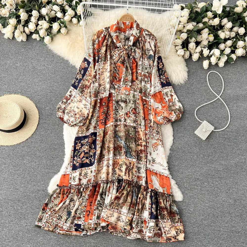 Maxy Women's Runway Fashion Spring Summer Long Sleeve Casual Loose Print Dress Female High Waist Chic Party A-line Dress TB2615