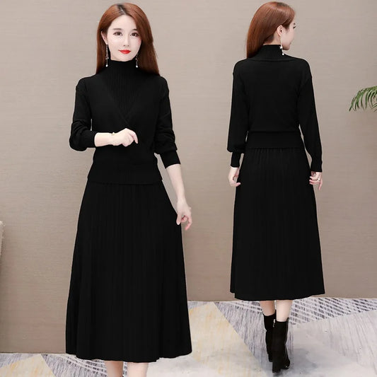 Maxy Elegant Half Turtleneck Sweater Dress 2 Piece Set Sleeveless Winter Vest + Midi Knitted Dresses Suit Large Size Women Outfits
