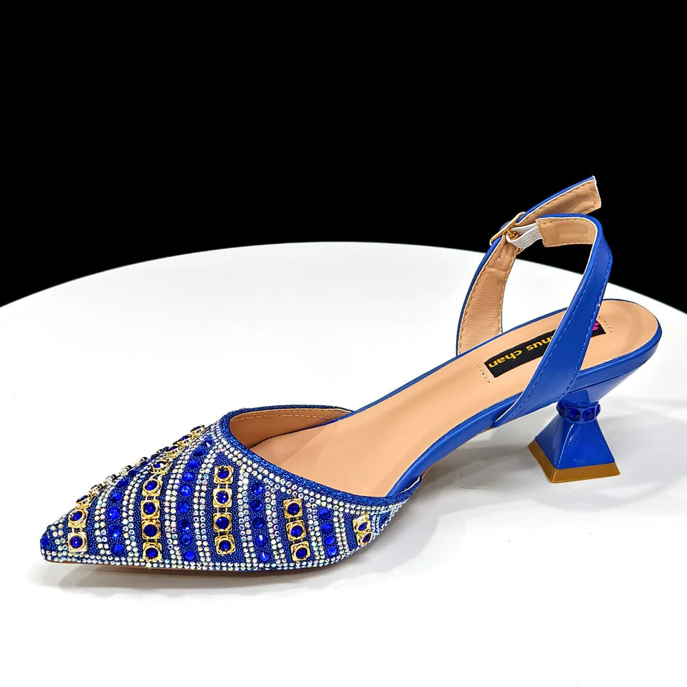 Maxy Summer New Design Specials Italian Women Shoes and Bag Set Blue Color Comfortable Low Heels With Rhinestone