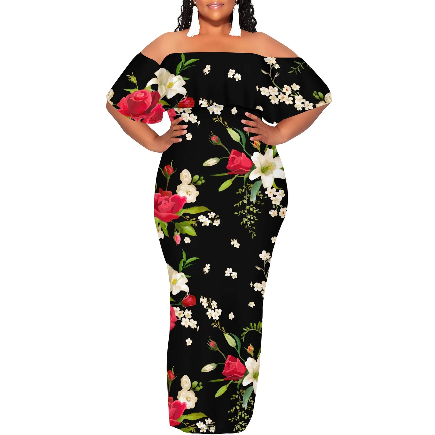 Maxy Black White Sketch Art Print Plus Size Off Shoulder Dress Summer Casual