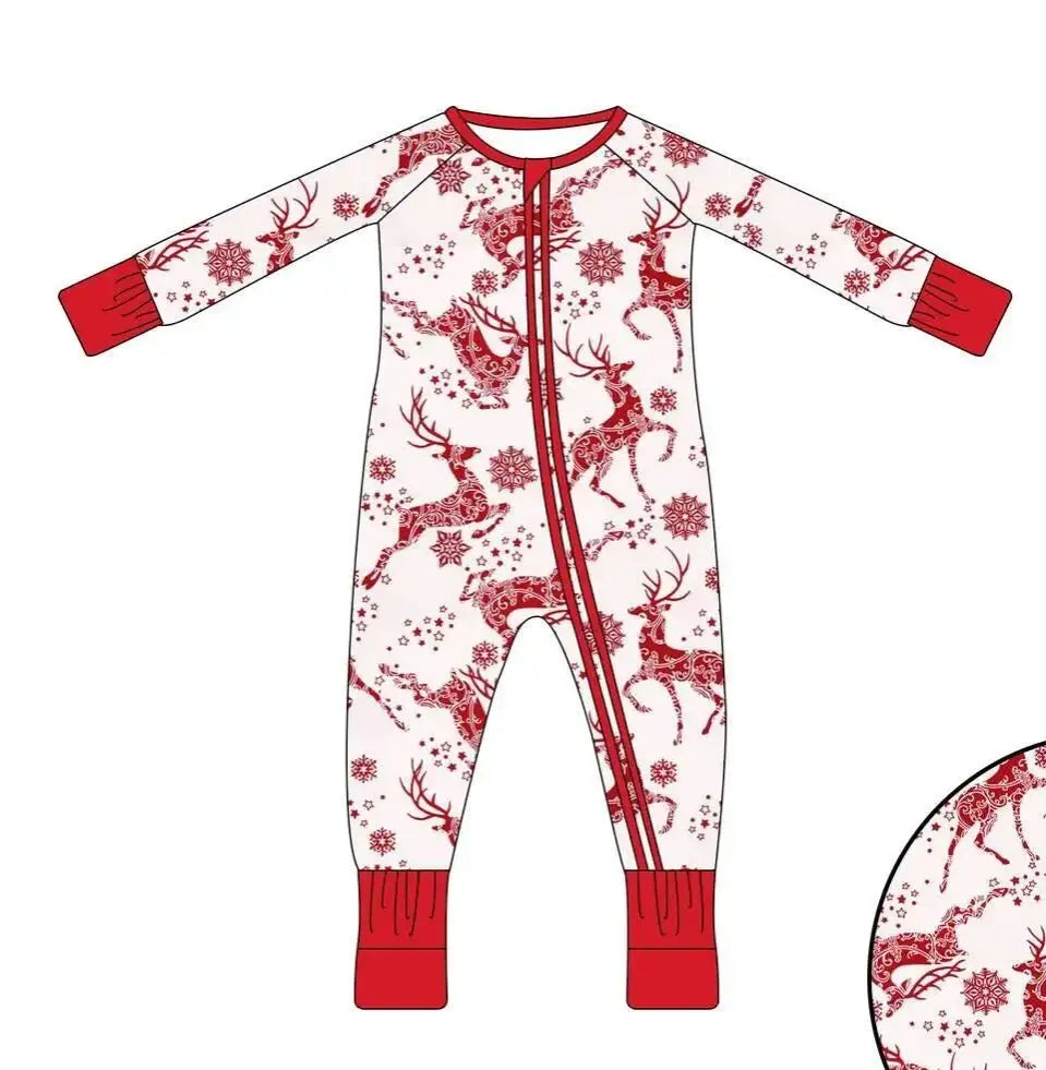 Maxy Boutique children's suit Christmas long-sleeved lace deer tree socks print girls dress boys' pajamas set baby zipper jumpsuit