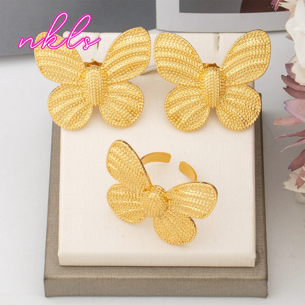 Maxy Gold Color Fashion Earrings and Ring Set Dubai Trend Jewelry Set for Women Luxury Bride Wedding Jewelry Daily Wear Party