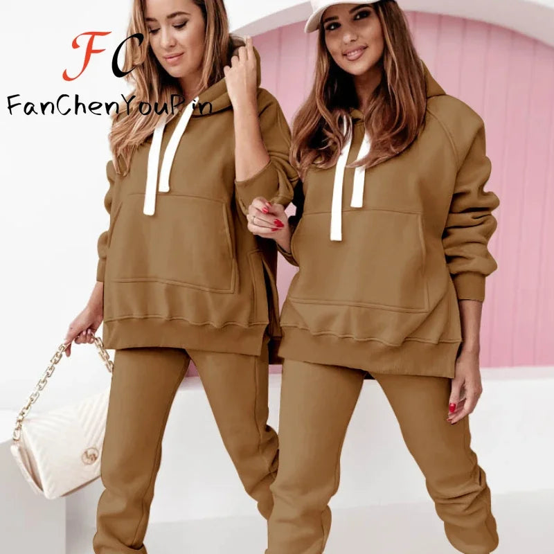 Maxy Fashion New Women's Set Autumn Winter Loose Solid Slits Pockets Hooded Pullover Elastic Waist Casual Pants Two-piece Hoodies Set