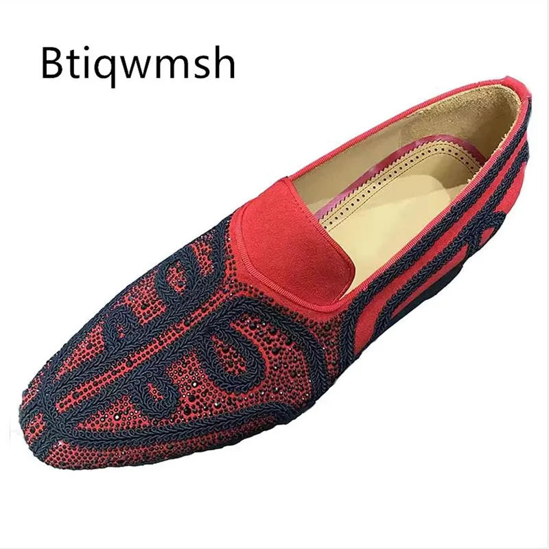 Visco Red Embroidery Rhinestone Shoes Man Pointed Toe Flower Slip On Flats Male Fashion Party Shoes