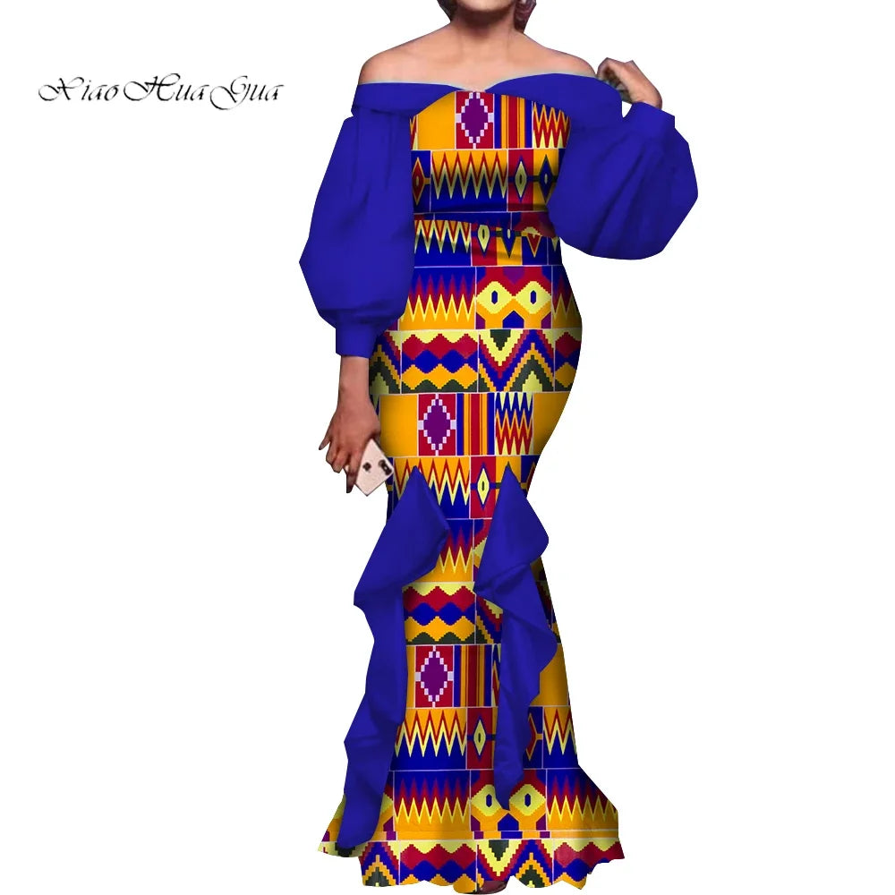 Amay Fashion Women Ankara Dresses Flash Neck Puff Sleeve Long Dress African Dress Robe Africaine Femme Evening Mermaid Dress WY1848