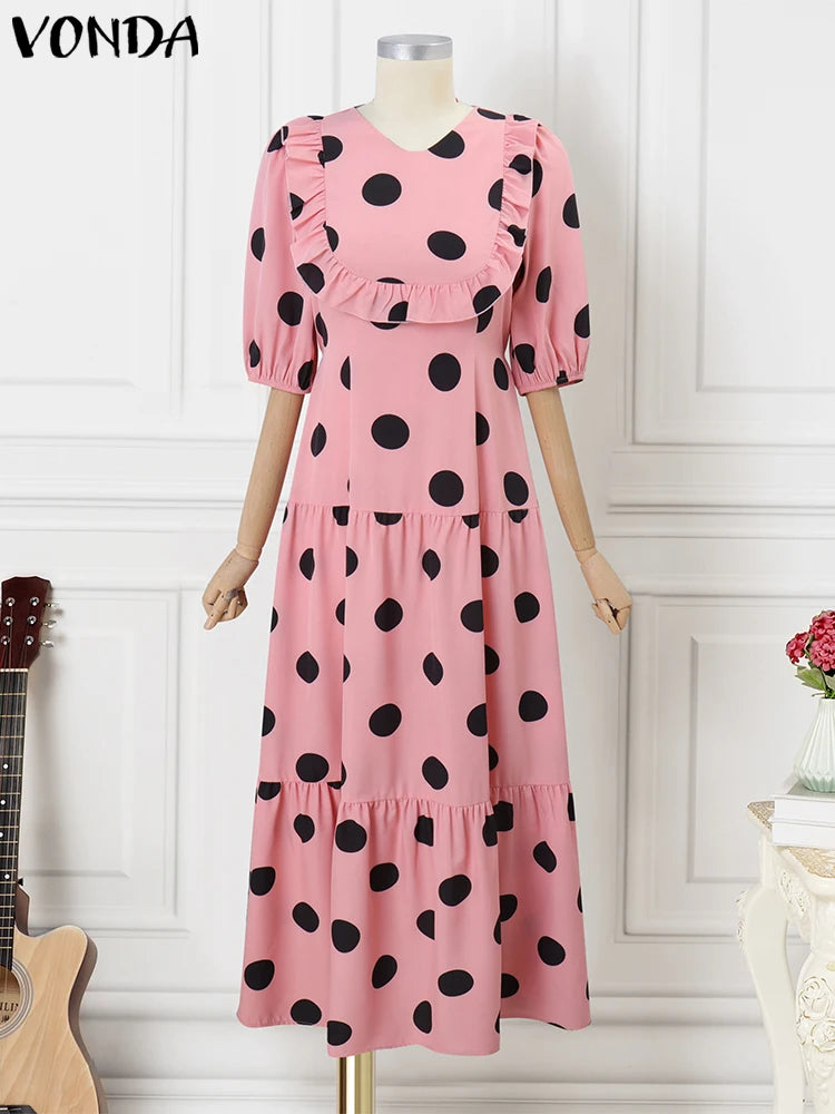 Maxy Plus Size 5XL VONDA Bohemian Dot Printed Dress Women Party Ruffled Sundress Summer V-Neck Holiday Vestido Casual Loose Robe