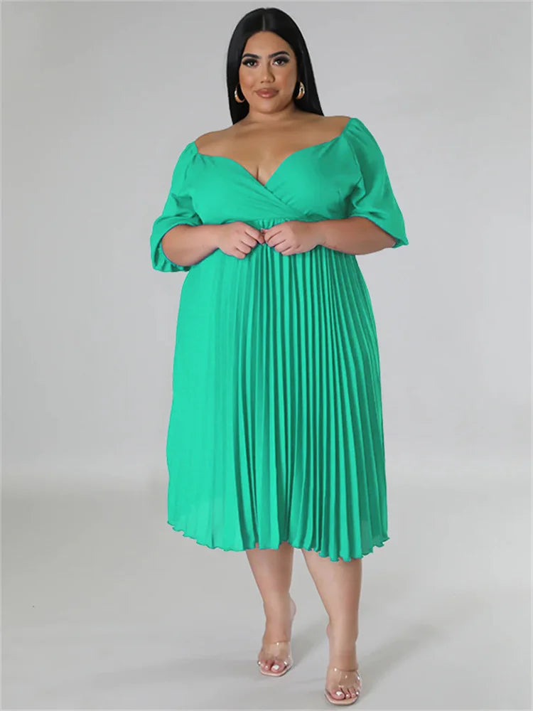 Maxy Plus Size Women Clothing Dresses for Women New In Summer Solid V Neck Maxy Dress Fashion Pleated dtress