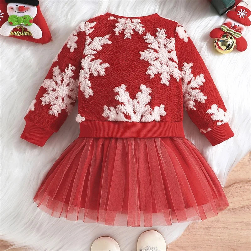 Suefunskry Baby Girl Christmas Party Dress, Long Sleeve Round Neck Fuzzy Christmas Snowflake Sweatshirt Tulle Patchwork Dress