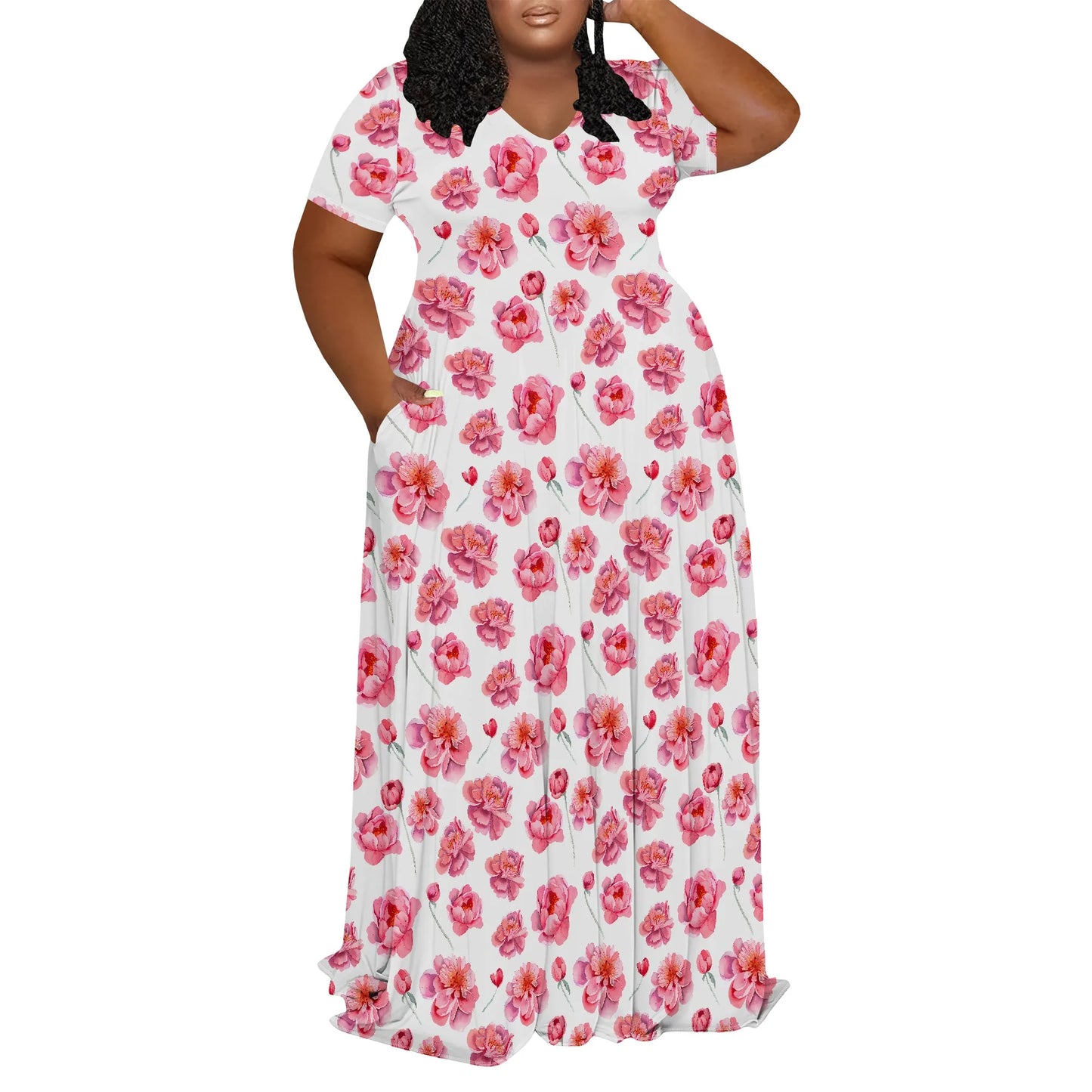 Amay Plus Size Dress for Women Casual V Neck Short Sleeve Empire Waist Maxy Dress Loose Oversize Flowy Long Dress with Pockets