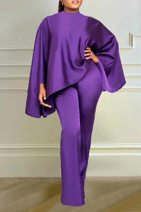 Maxy Casual Solid Silk Loose Fit 2 Piece Set Women Fashion Cloak Tops Wide Leg Pants Suit Women Party Evening Wedding 2 Piece Outfit