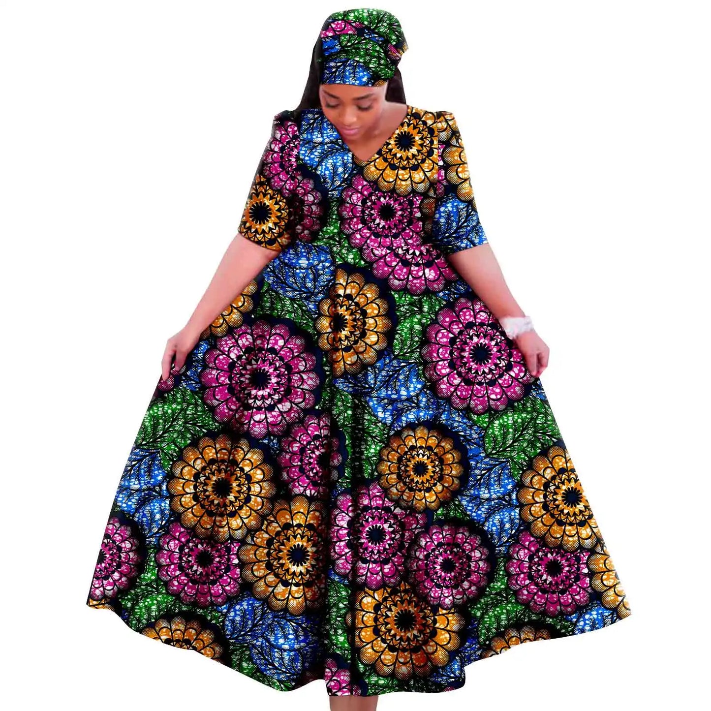 Maxy Church Dresses for Woman Traditional Party Gown V Neck Maxy Dress with Free Turban Wedding Africa Turkey Style 2425083