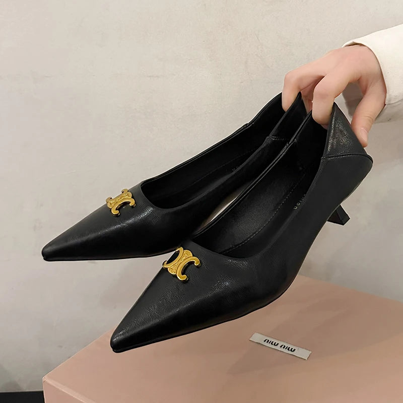 Maxy Female Luxury Low Heel Footwear Shallow Pumps Shoes for Women Summer Designer Brand Pointed Toe Metal Heeled Sandals Slides