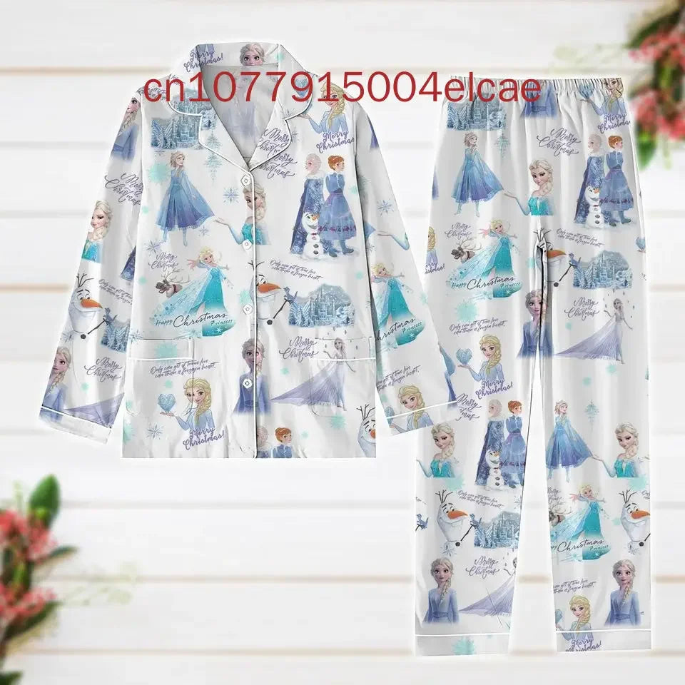 Maxy Disney Frozen Elsa Christmas Max Pajamas Set New Fashionable and Casual Men's and Women's Long-Sleeved Shirts and Pajamas Set