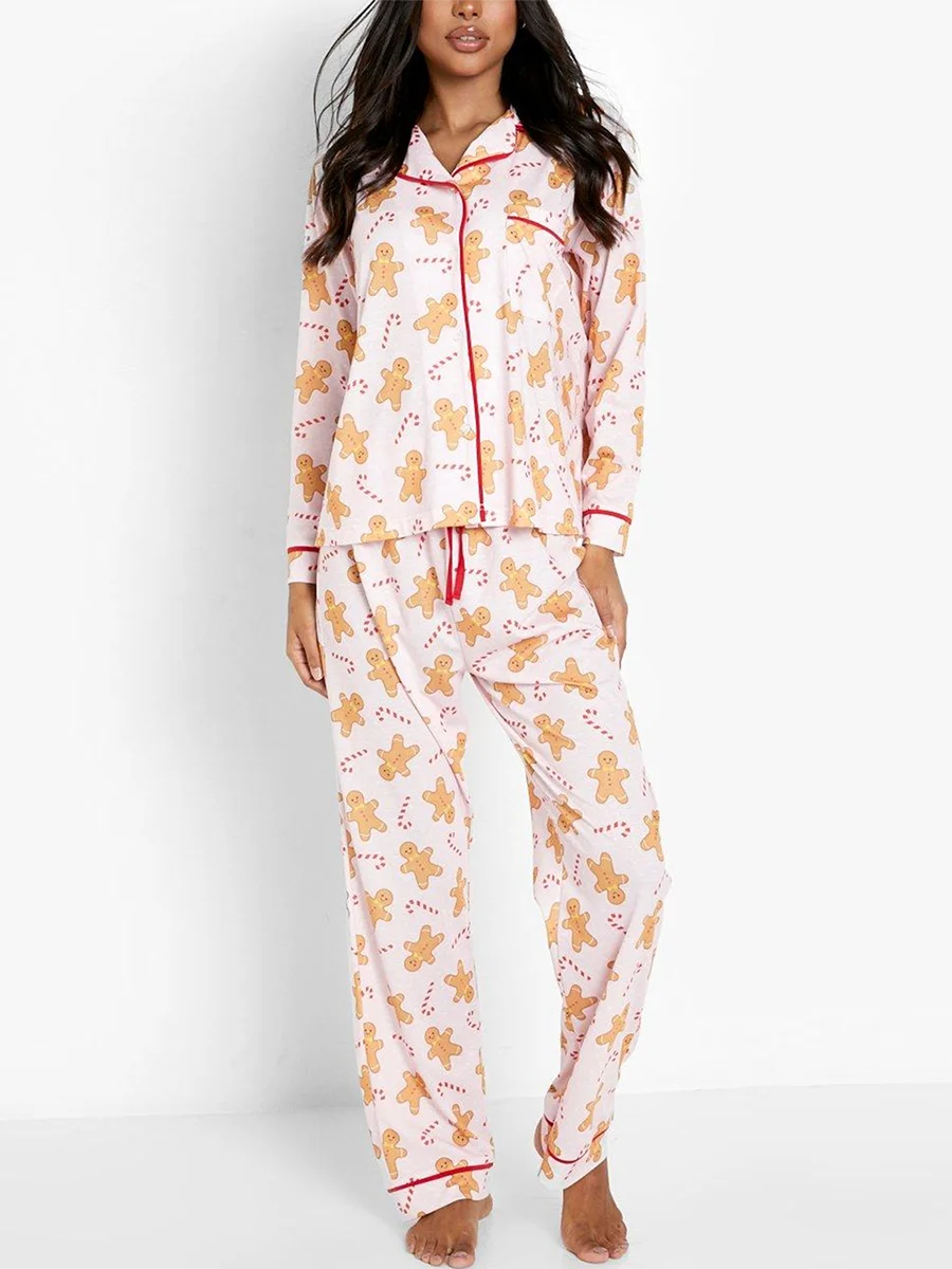 Womens Christmas Print Pajamas Set Long Sleeve Turn-down Collar Tops and Pants Loungewear Set