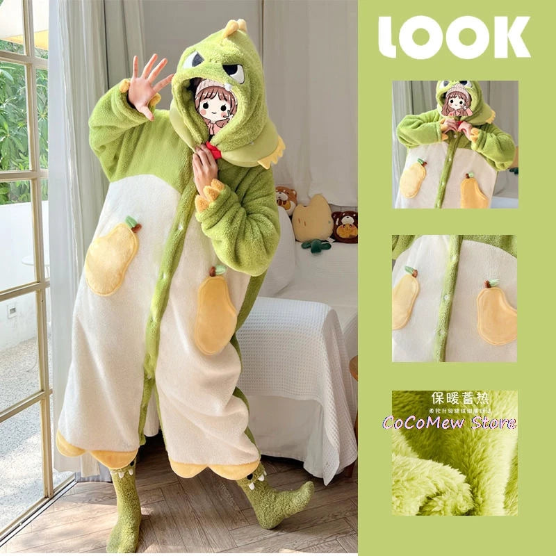 Maxy Women's Onesies Flannel Cosplay Costume Dinosaur Panda Fox Animal Pajama Cartoon Hooded Sleepwear Halloween Christmas Nightdress