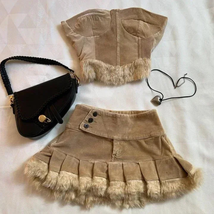 Maxy Two Piece Sets Women Outfits Y2K Pu Leather Spliced Denim Black Skirt Sets New Harajuku Gothic Sexy Zipper Jacket Mini Skirt