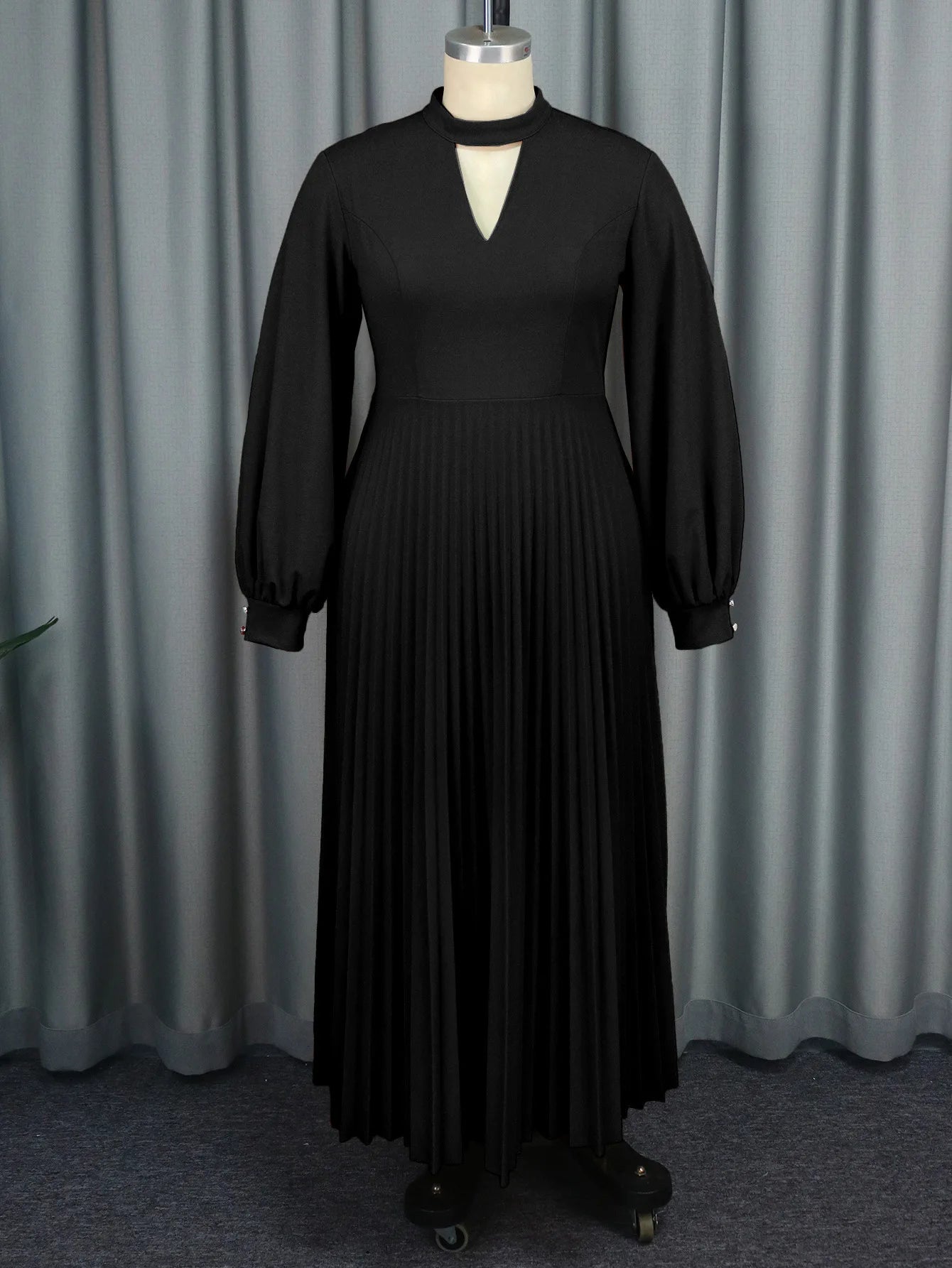 Maxy high-end hollow out small stand up collar party dress autumn lantern sleeve pleated dress