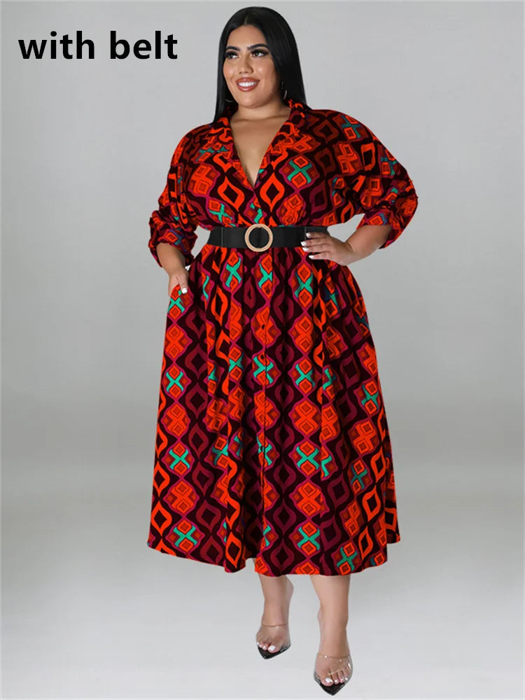 Maxy Plus Size Dresses for Women with Belt V Neck Print Casual Maxy Dress Elegant Fashion Streetwear