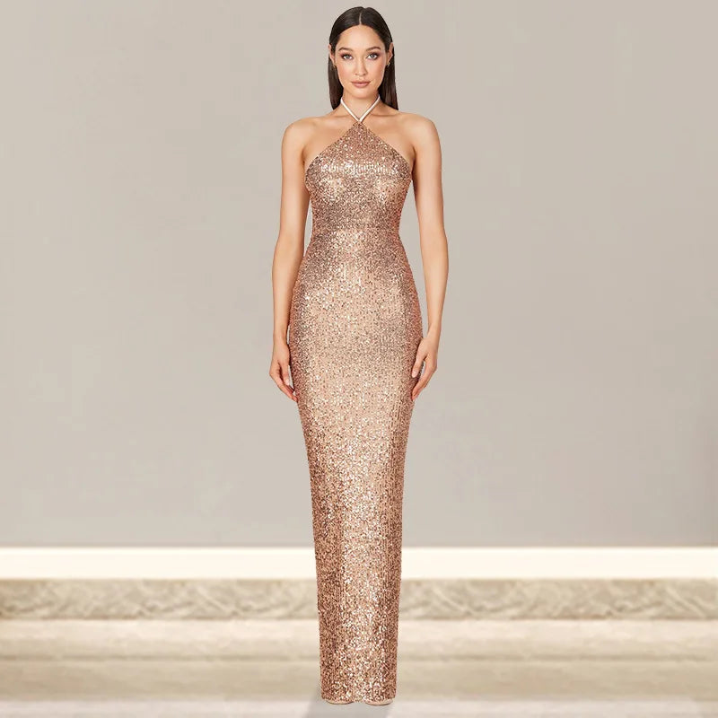 Maxy Lower Split Elegant Dress Women For Wedding Party Cocktail Prom Dress Sequin Neck Hanging Sexy Long Formal Evening Dresses Hxy9
