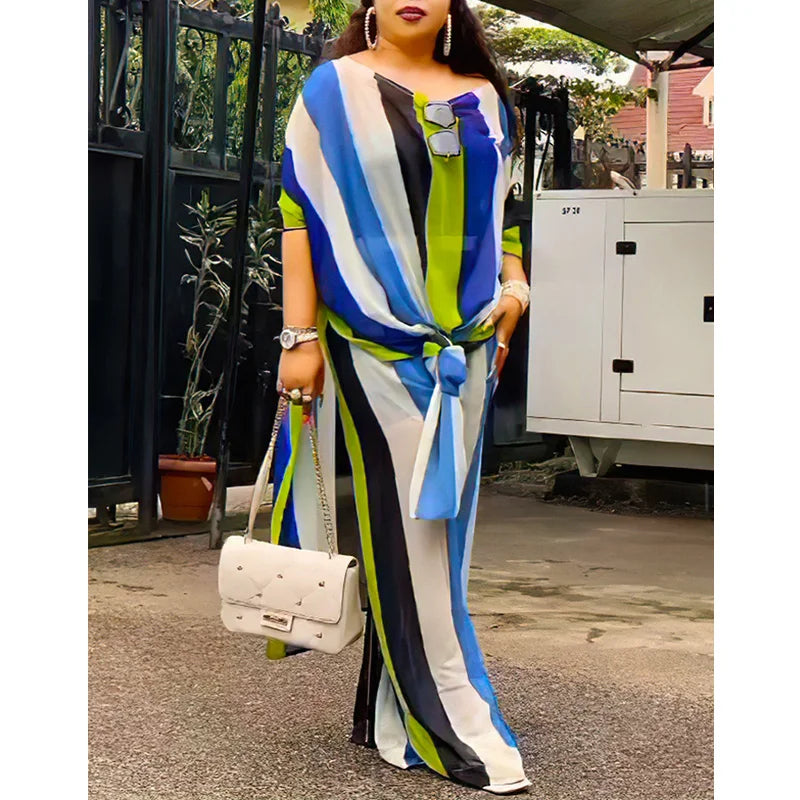 Amay Fashion Pants Set Women Two Piece Sets Fashion Oversize Chiffon 3/4 Sleeve Top And Pants Suit High Street Lady Chic Sets