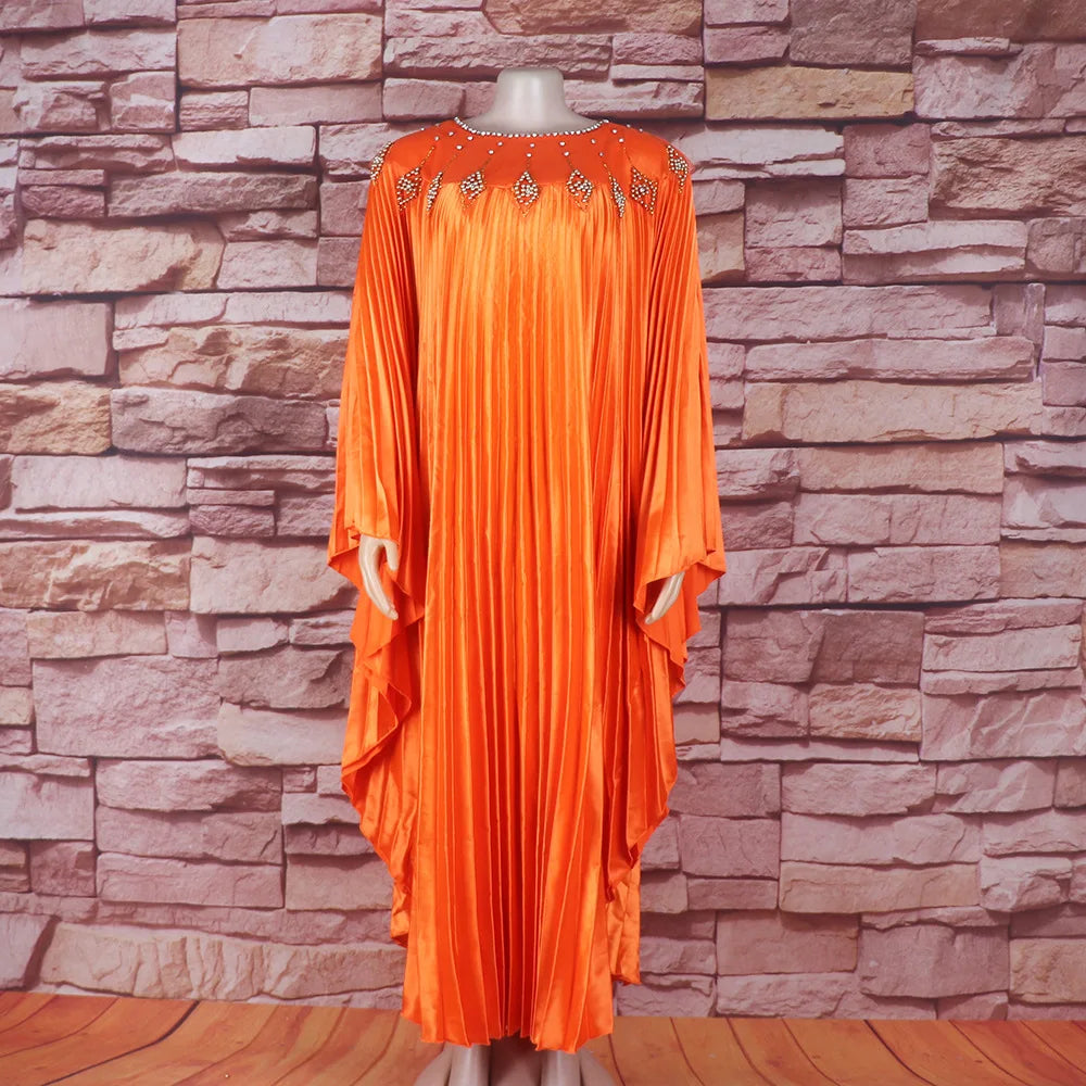 Maxy Women Pleated Diamonds Loose Maxy Evening Dress Djellaba Boubou Robe African Ankara Dashiki Dubai Turkey Abaya Kaftan Party Gown