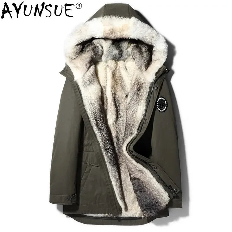 Winter Jacket Men Real Fur Sheepskin Fur Coat Men’s Parka Padded Jacket Skiing Outdoor Thick Medi-long Coat Jaqueta Masculina FC