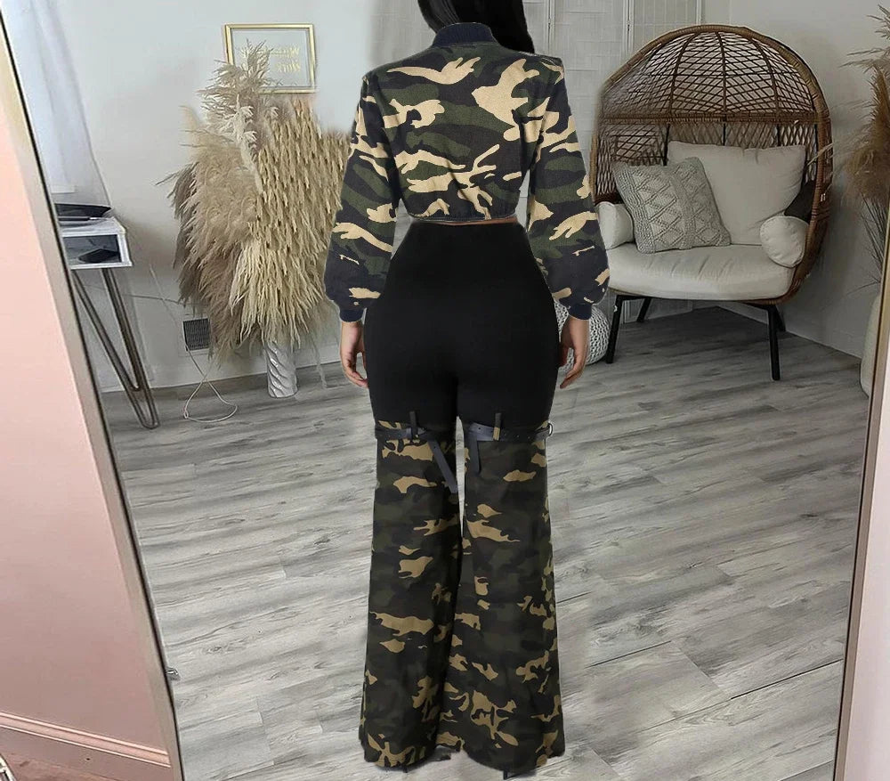 Two Piece Denim Set for Woman Streetwear Autumn 2024 New Long Sleeved with Exposed Waist Elastic Belt and Camouflage Pants Suit