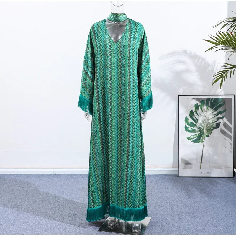 Maxy Elegant Tassel Hem Dress Women V-neck Long Sleeve with Scarf Loose Dresses 2026 NEW Spring Luxury Lady Party Evening Gowns
