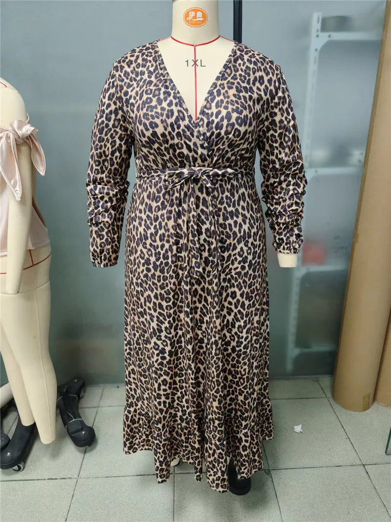 Gacy Plus Size Fashion Leopard Print Slit Long Sleeve Long Dress Women's Spring 2025 Sexy V-Neck High Waist Belted Ruffles Maxy Dress