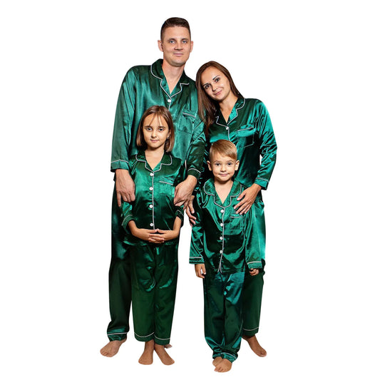 Solid Color Green Red Family Matching Pajamas Christmas Satin Monther Kids Sleepwear Outfits 2 Piece Suit 2023 New Year Pyjamas