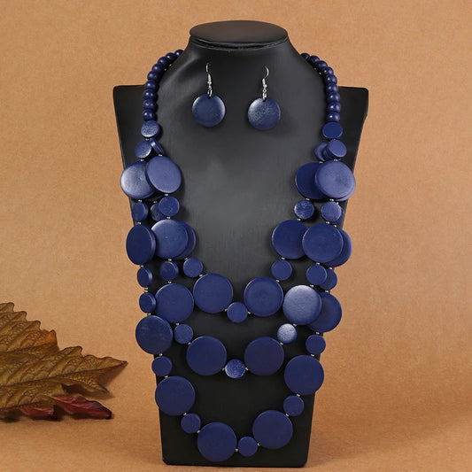 Amay Wedding Party Dress Wooden Beads Necklace Earring Jewelry Sets For Women