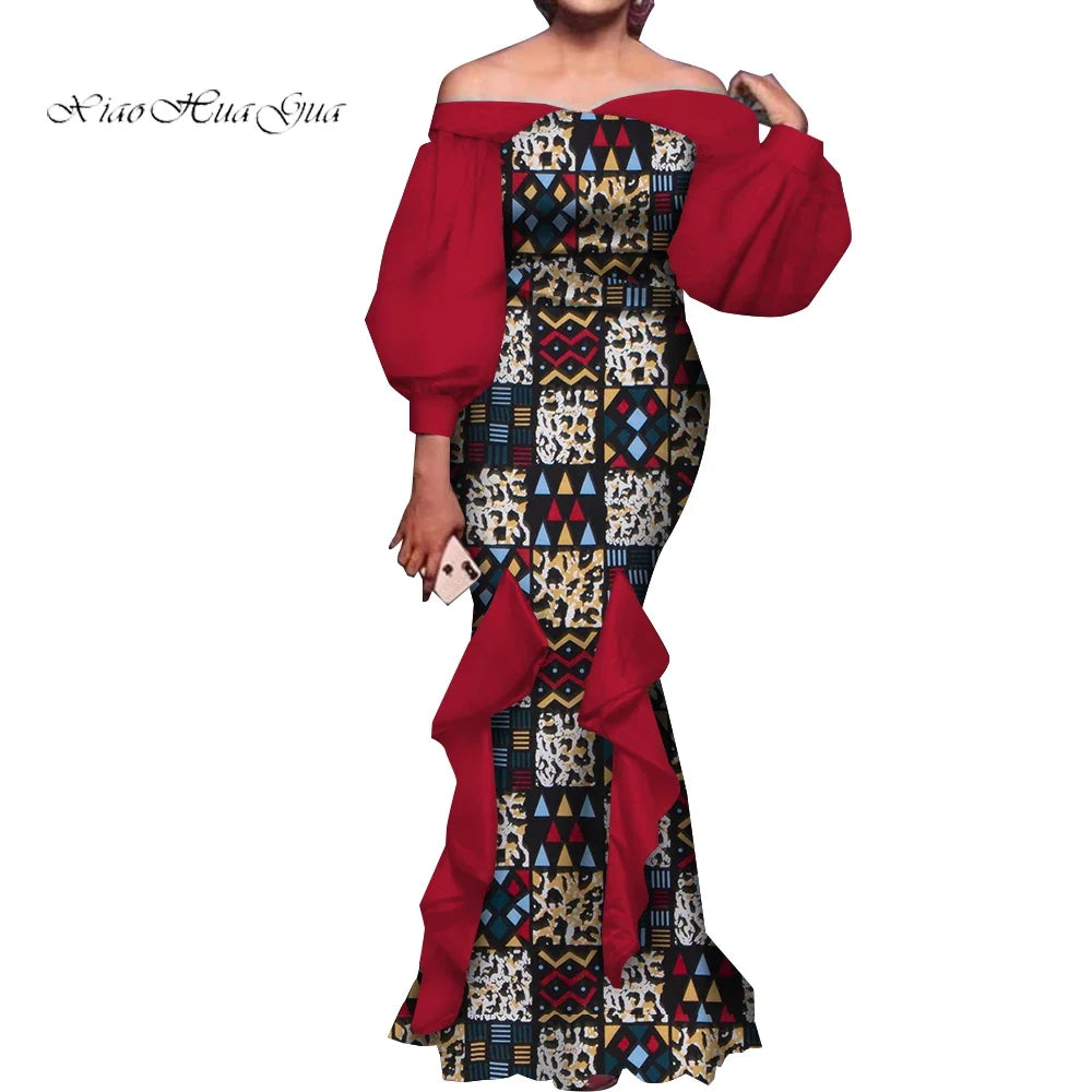 Amay Fashion Women Ankara Dresses Flash Neck Puff Sleeve Long Dress African Dress Robe Africaine Femme Evening Mermaid Dress WY1848