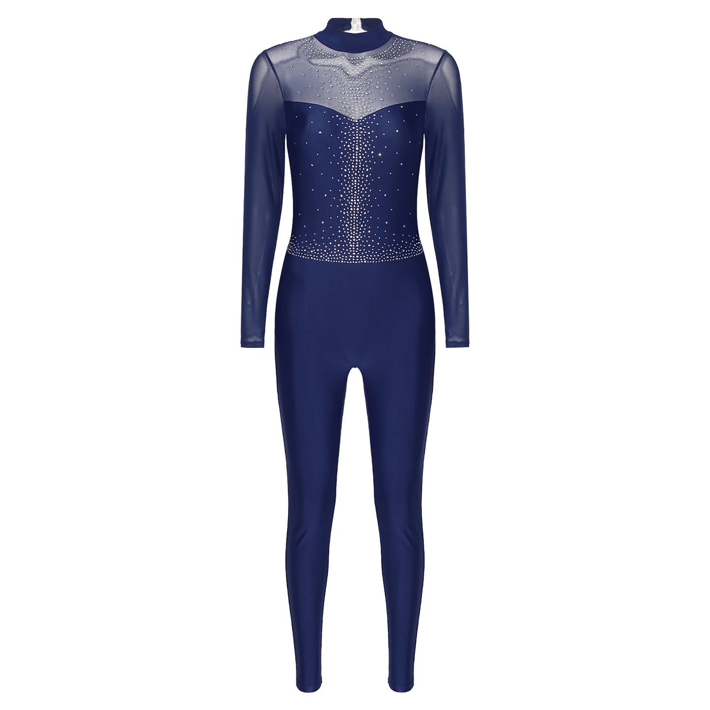 Maxy Women's Figure Skating Gymnastics Dance Performance Costume Glittery Rhinestone Jumpsuit Mesh Long Sleeve Open Back Bodysuit