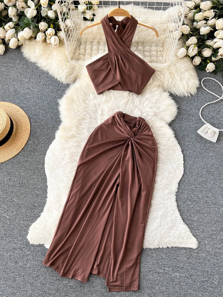 Maxy Summer Sexy Beach Two Piece Set Women Cross Necked Crop Top Split Mid Length Wrap Skirt Boho Brown Suits