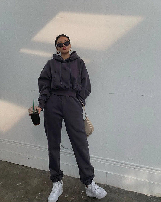 Maxy Wholesale Fleece Hoodie with Jogger Pant Sweat Suit Fall Winter 2 Piece Set Tracksuit Women Sports Outfit Two Piece Solid Casual