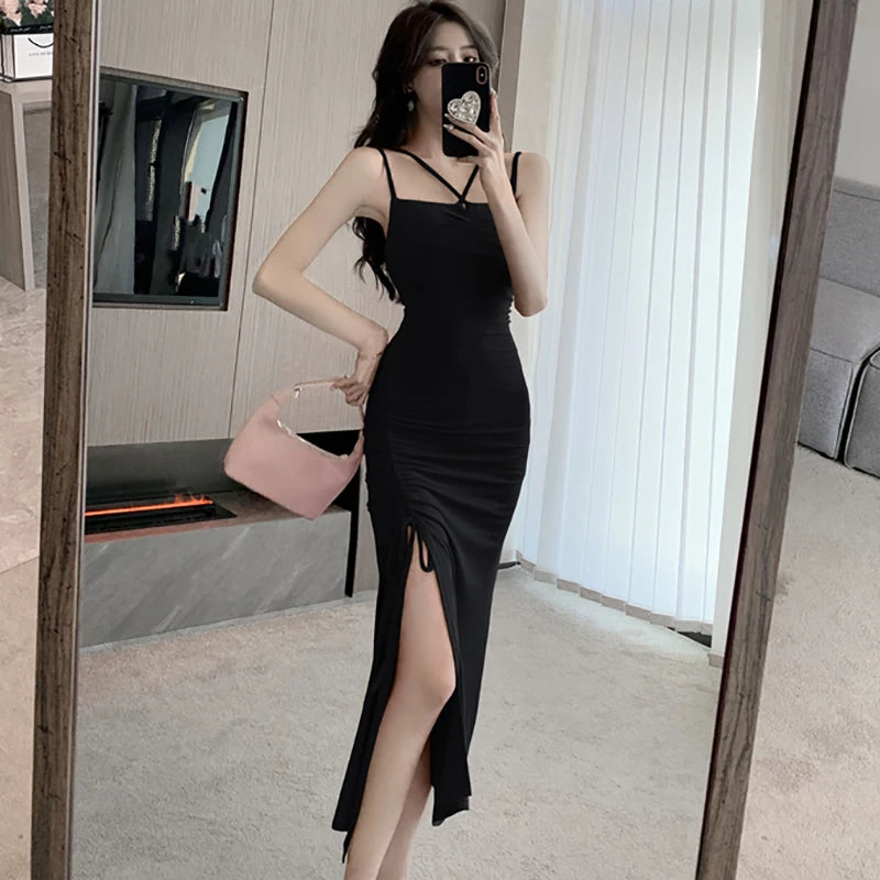 Maxy New Rose Red Elegant Bodycon Bandage Slit Long Dress Women Fashion Chic Sling Sexy Dress Summer Korean Luxury Eveing Dress