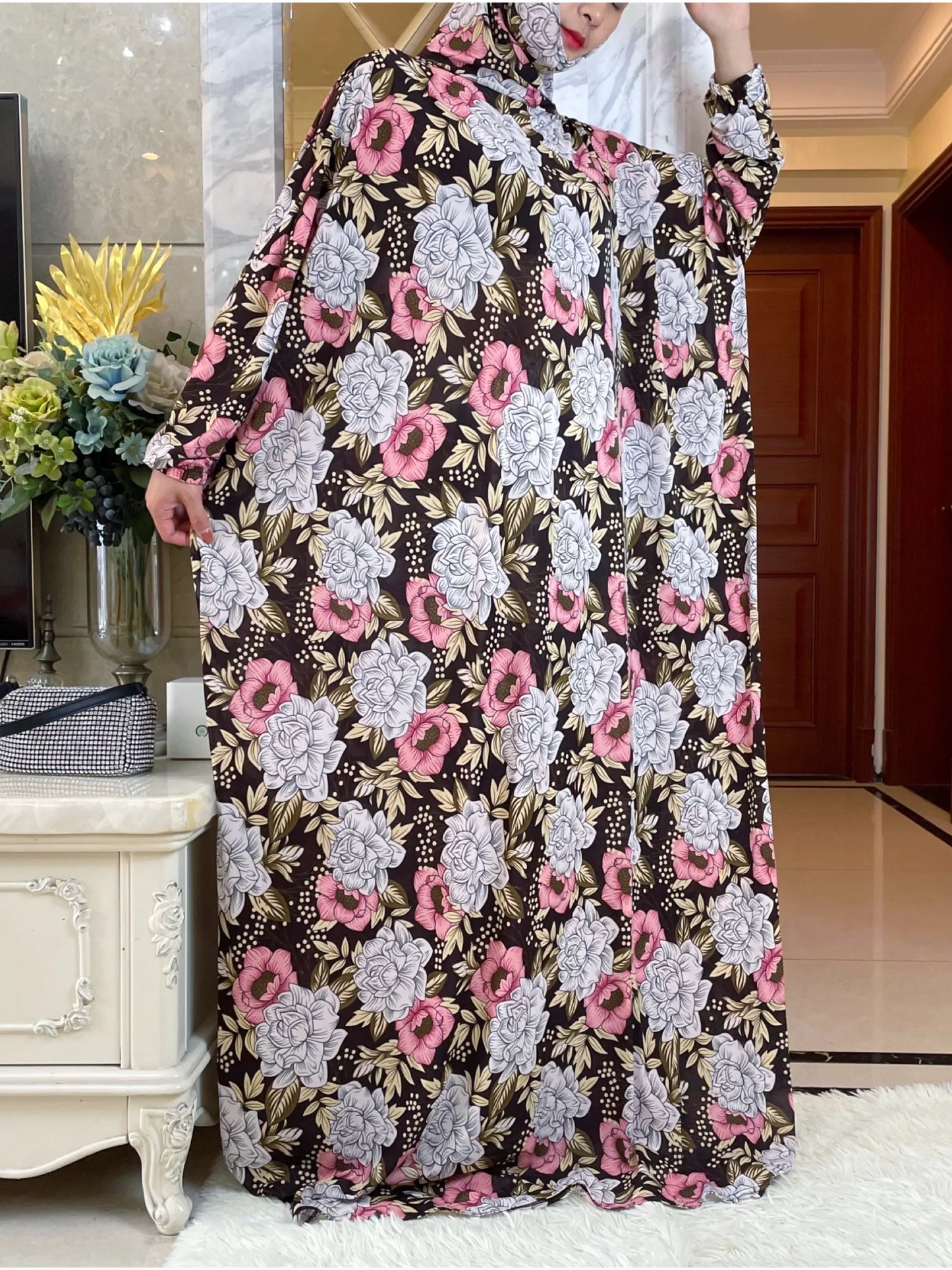Maxy Muslim Women Hooded Turkey-African Prayer Garment Kaftan Dress With Hijab Floral Prints Dubai Saudi Robe Ramadan