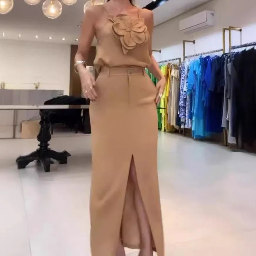 Maxy Skirt Set Women Dress Sets Two Piece Sets Slim Sling Sleeveless Floral Casual Short Tops Mid Length Skirts Elegant Splice Summer