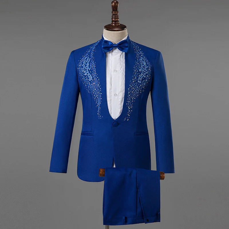 Amay Royal Blue Sequin Embroidery Suit Men Wedding Groom Tuxedo Suits Pants Mens One Button Peak Lapel Stage Costume Traje Hombre 2XL
