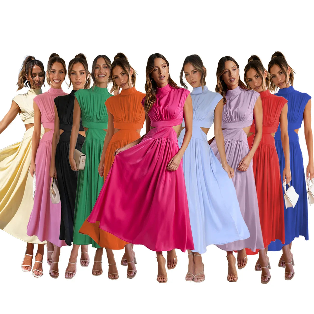Maxy Summer Solid Color Sleeveless Dresses Women Temperament Elegant Stand Collar Hollow Out A-line Long Dress Ladies Trendy Vestidos
