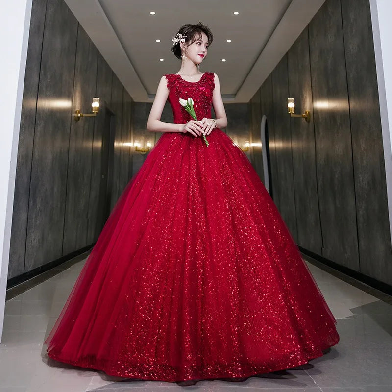 Maxy New Women's Wine Red Embroidered Decal Evening Dress Fashionable Slimming Banquet Art Exam Stage Grand Display Dress