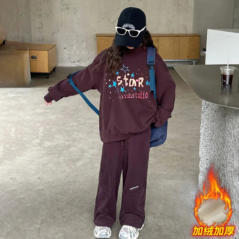 Maxy Girls Plus Fleece Sports Suit Autumn and Winter New Fashion Printed Hoodie Pants Two-piece Set Korean Simple Style