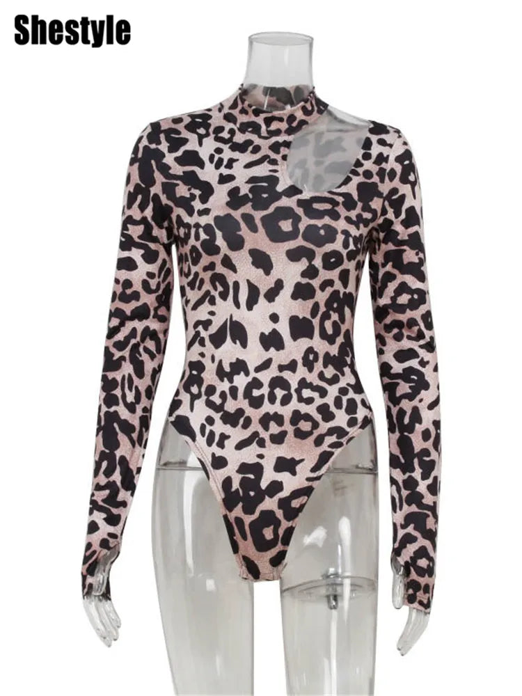 Maxy Shestyle Leopard Cold Shoulder Women Bodysuits Dot Mock Neck Stand Collar Long Sleeve Basic Skinny Design Workwear Winter