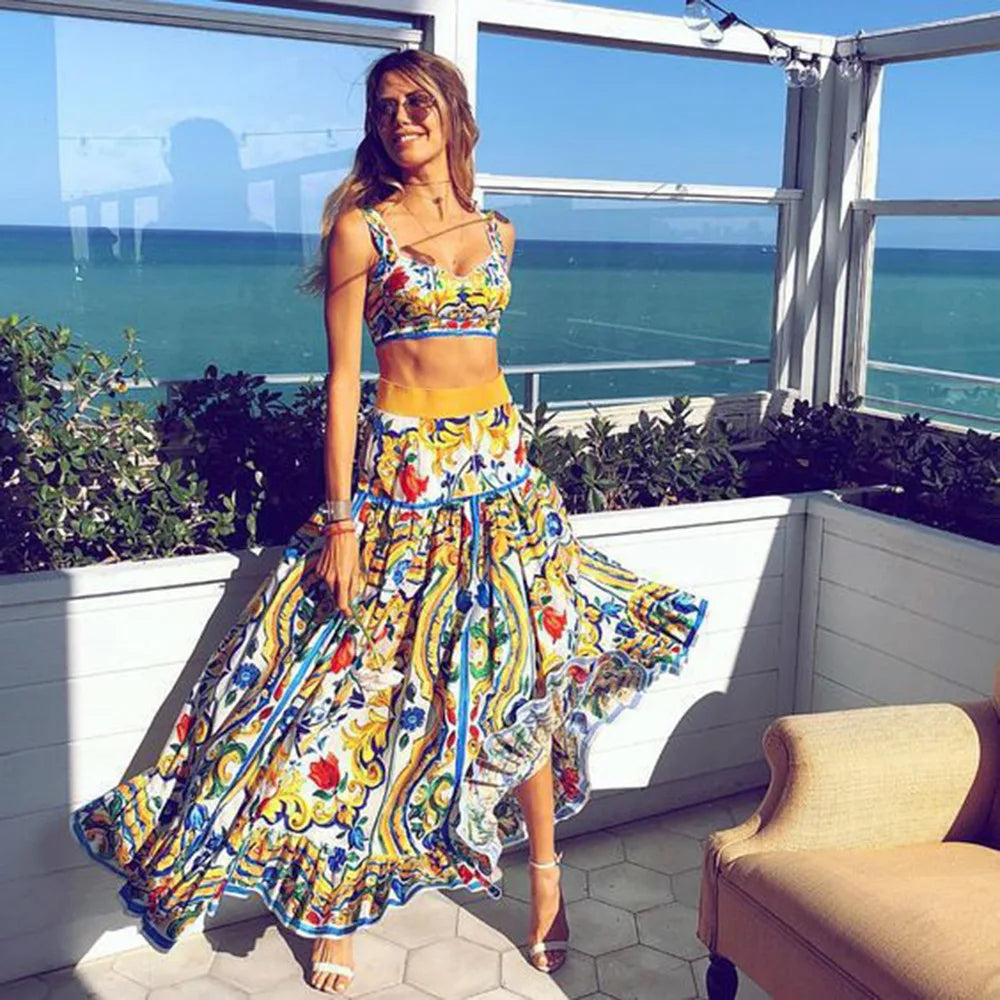 Maxy Bohemian Print Skirt Two Piece Set For Women Sexy Crop Camisole Top And Skirts 2 Piece Sets Summer Beach Holiday Suit Female