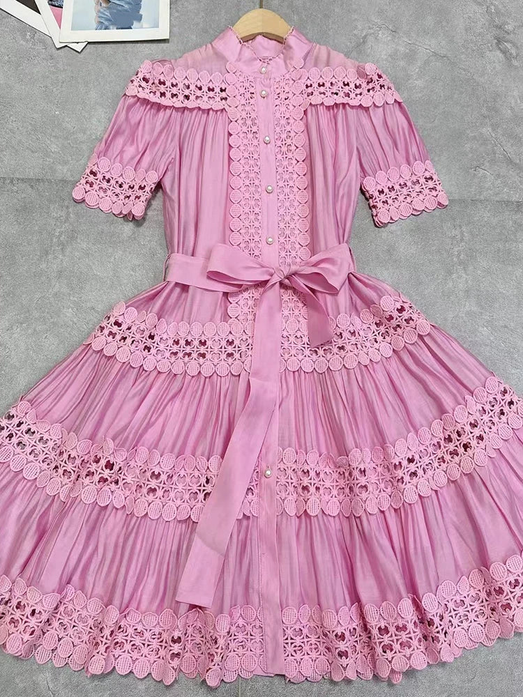 Maxy summer women's new ladies stand collar hollow single-breasted short-sleeved dress with high waist and short A-line skirt.