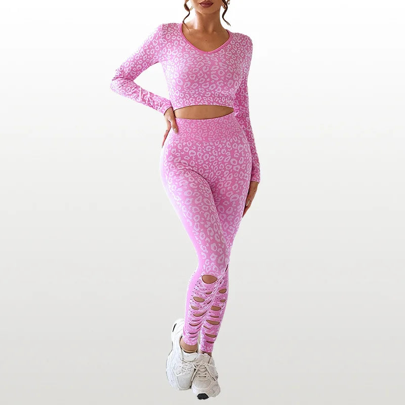Maxy 2pcs Yoga Suit Leopard Sports Set Women Quick-Drying Gym Set Women Tracksuit Running Workout Long Sleeve Sports Shirt Clothing