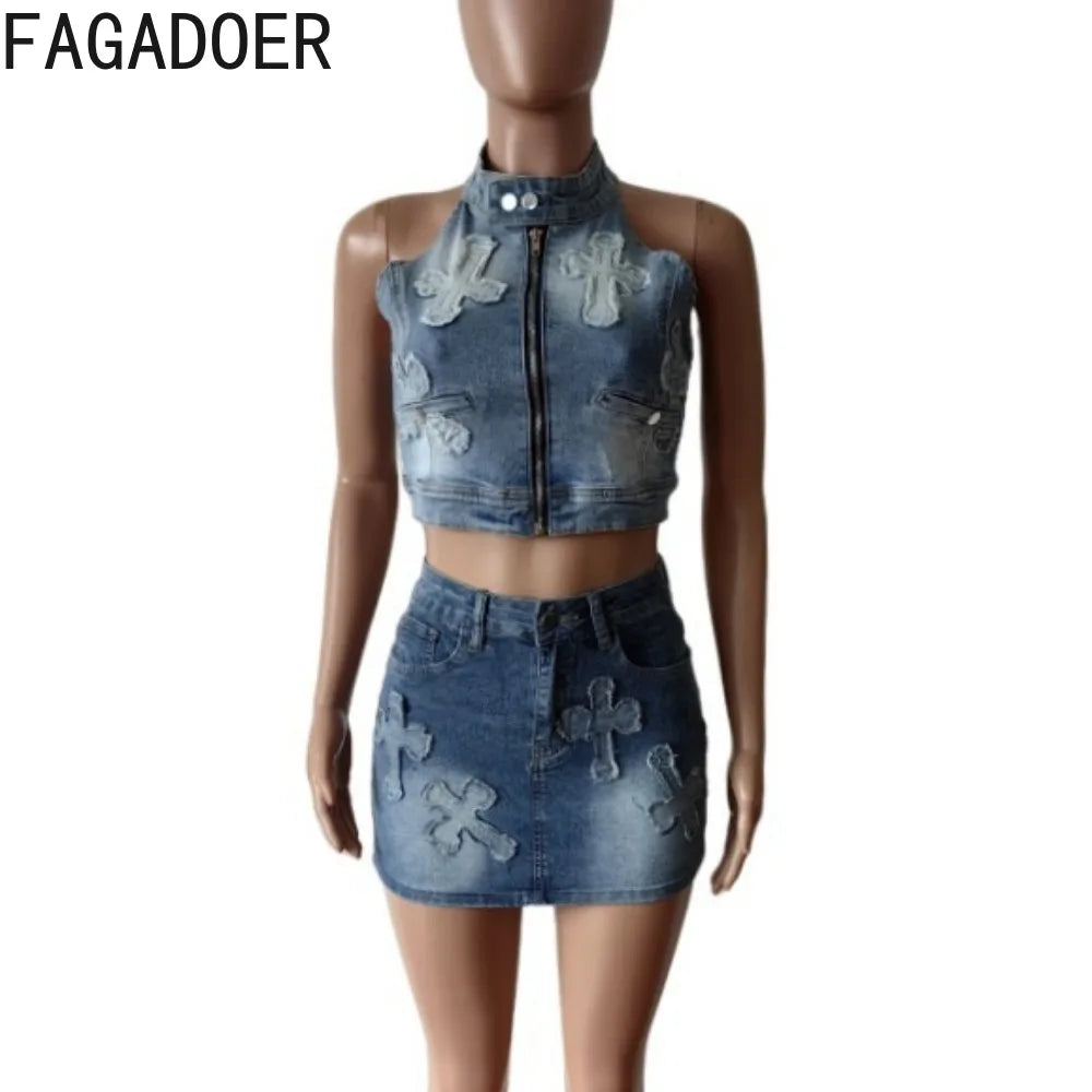 Maxy Fashion Retro Y2K Jean Skirts Two Piece Sets Women Zip Sleeveless Crop Top And Mini Skirt Outfits Female Denim Clothing
