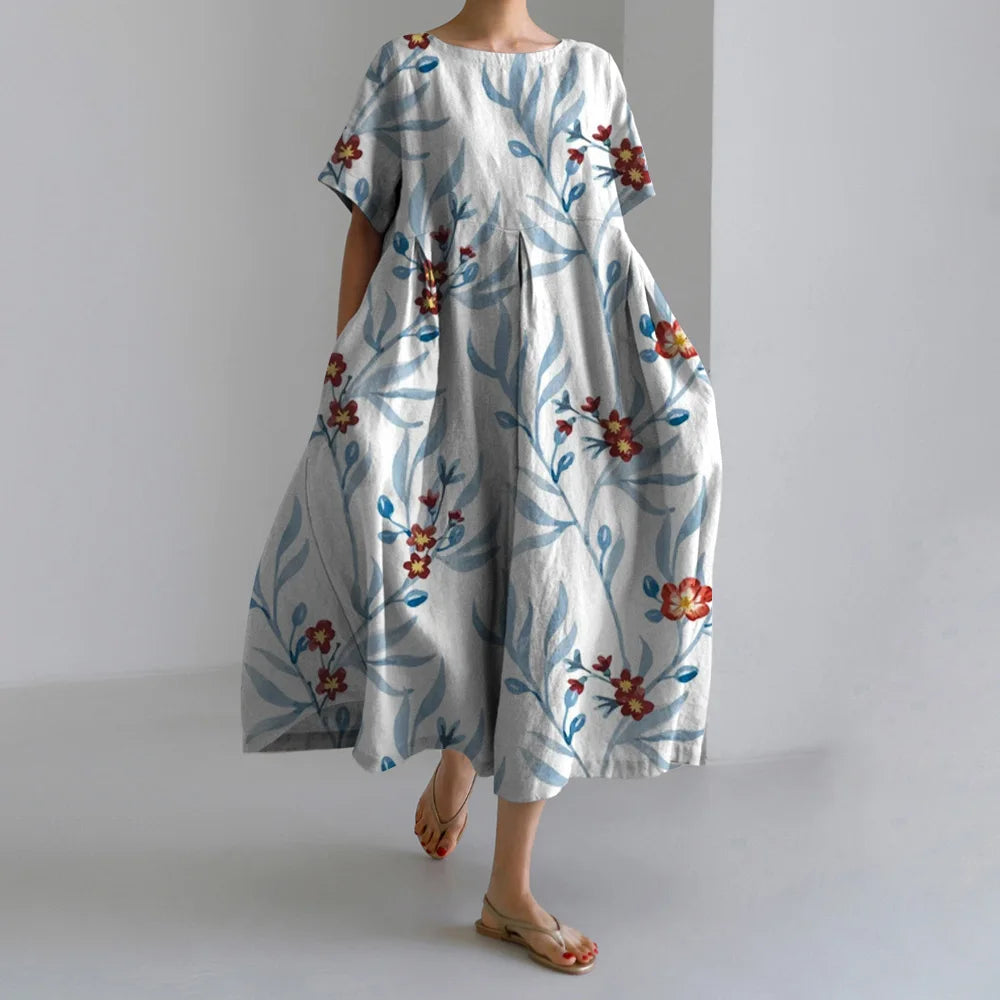 Maxy Summer New Bohemian Casual Dresses Vintage Women's Cotton Printed Dresses Womens Floral Long Dresses Round Neck Pullover Dresses